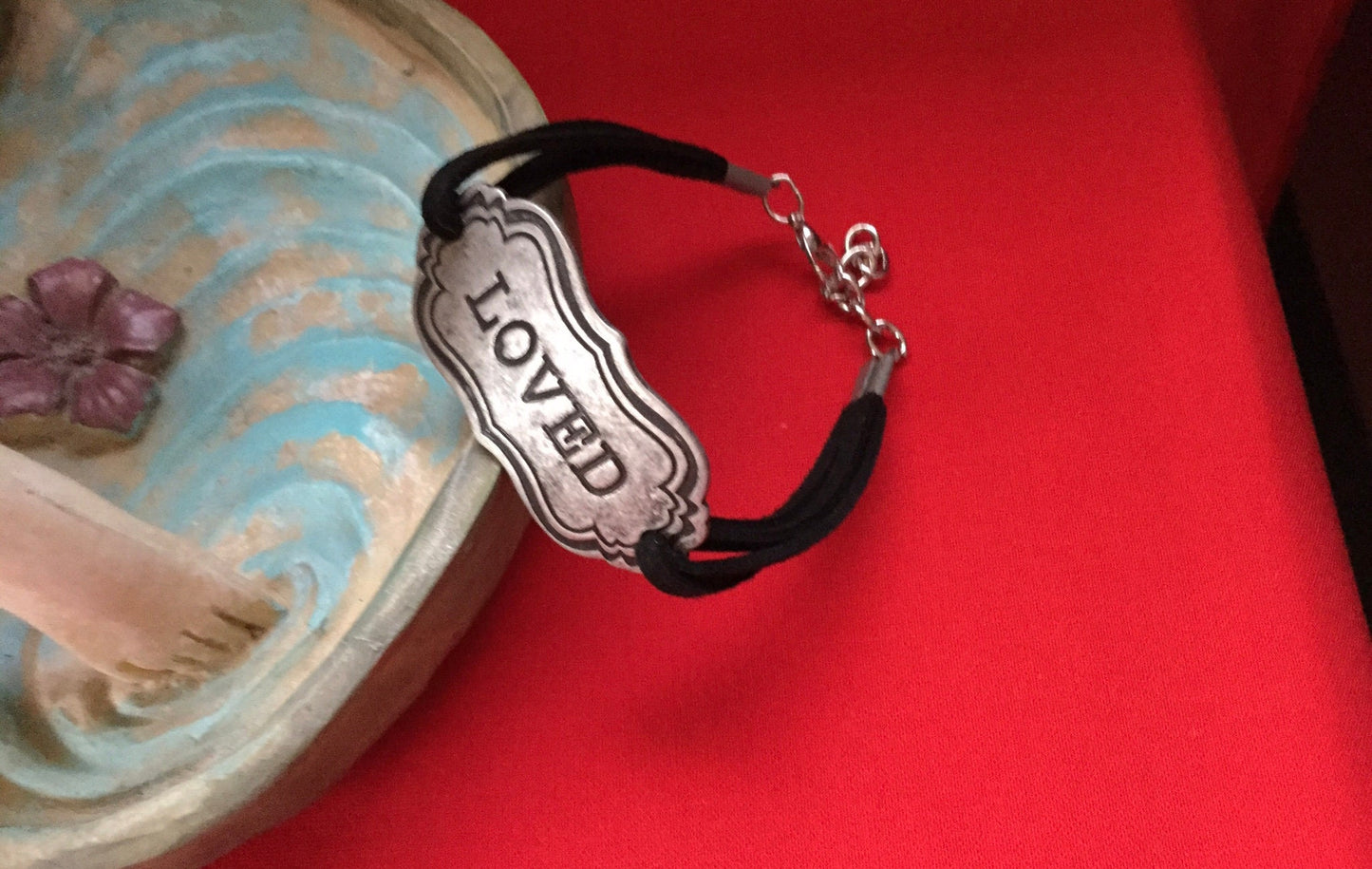 Loved, Black Suede Inspirational Quoted Bracelet.