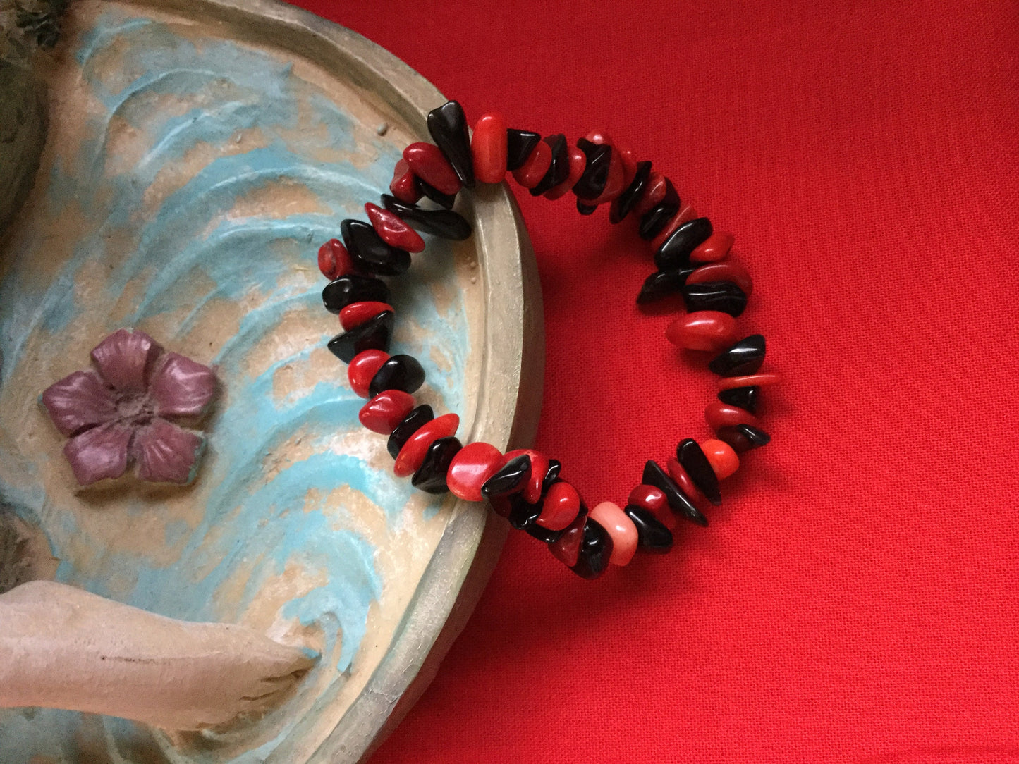 Red Bamboo Coral w/Obsidian, Healing Bracelet.