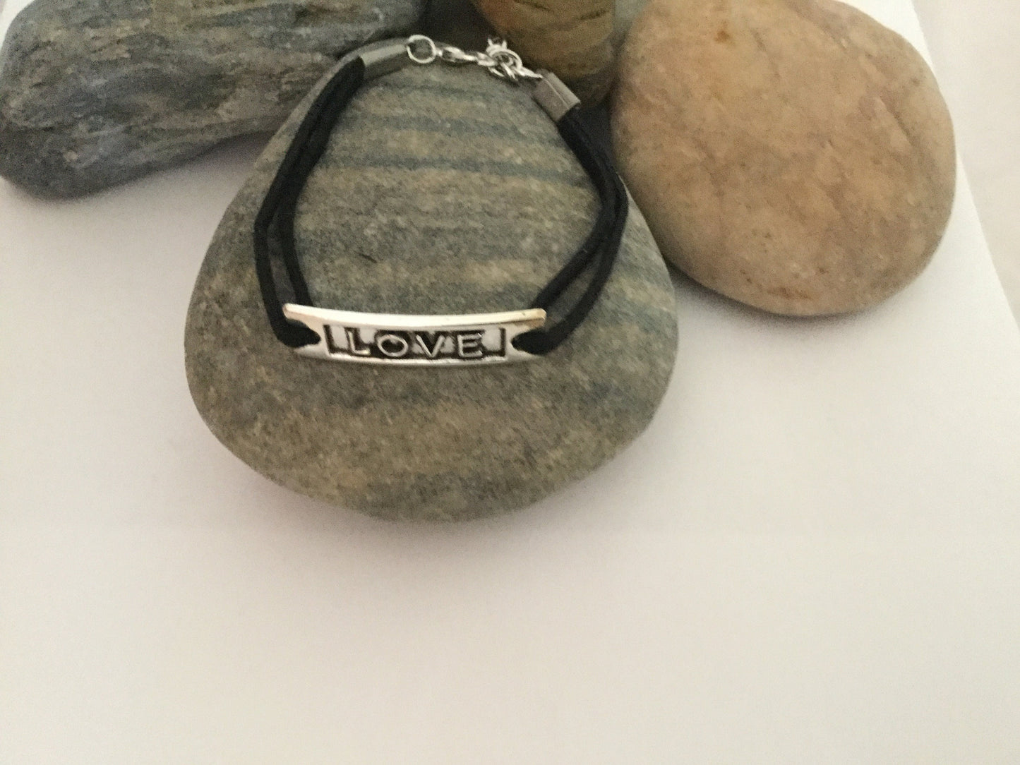 Love, Black Suede Corded Metal Inspirational Quoted Bracelet.