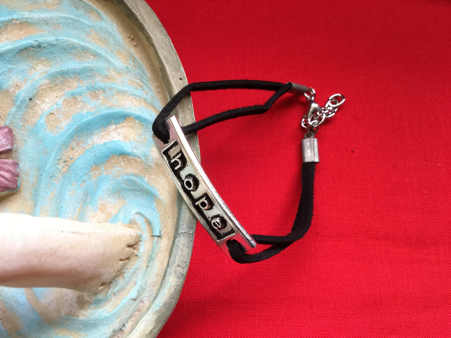 Hope, Black Suede Corded Metal Inspirational Quoted Bracelet.