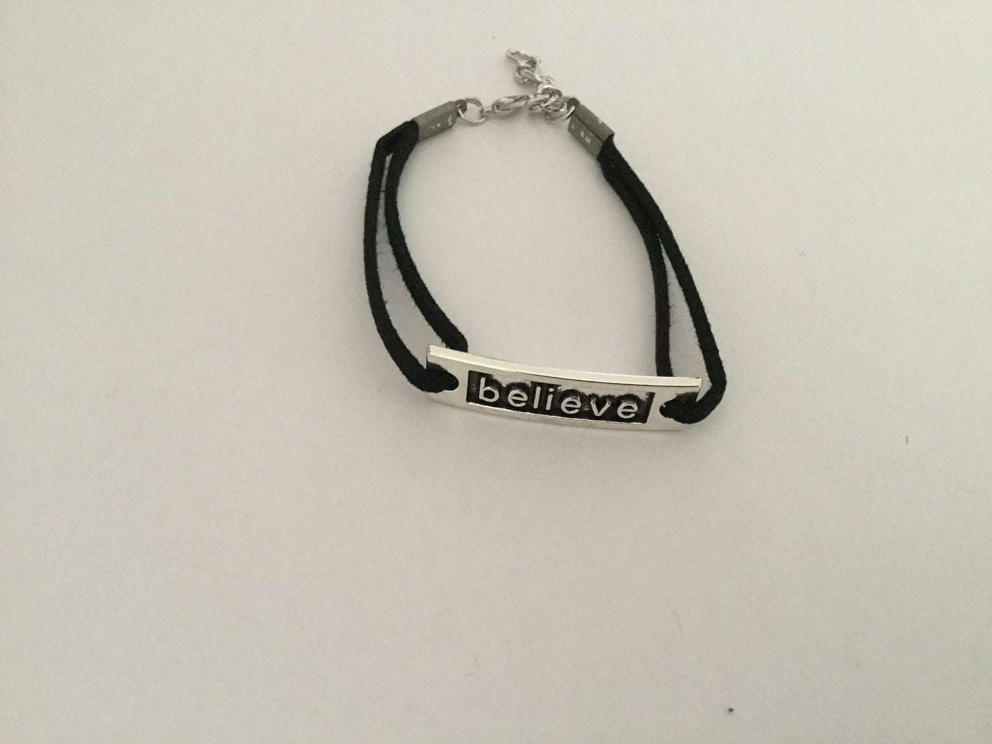 Believe,  Black Suede Corded Metal Inspirational Quoted Bracelet.