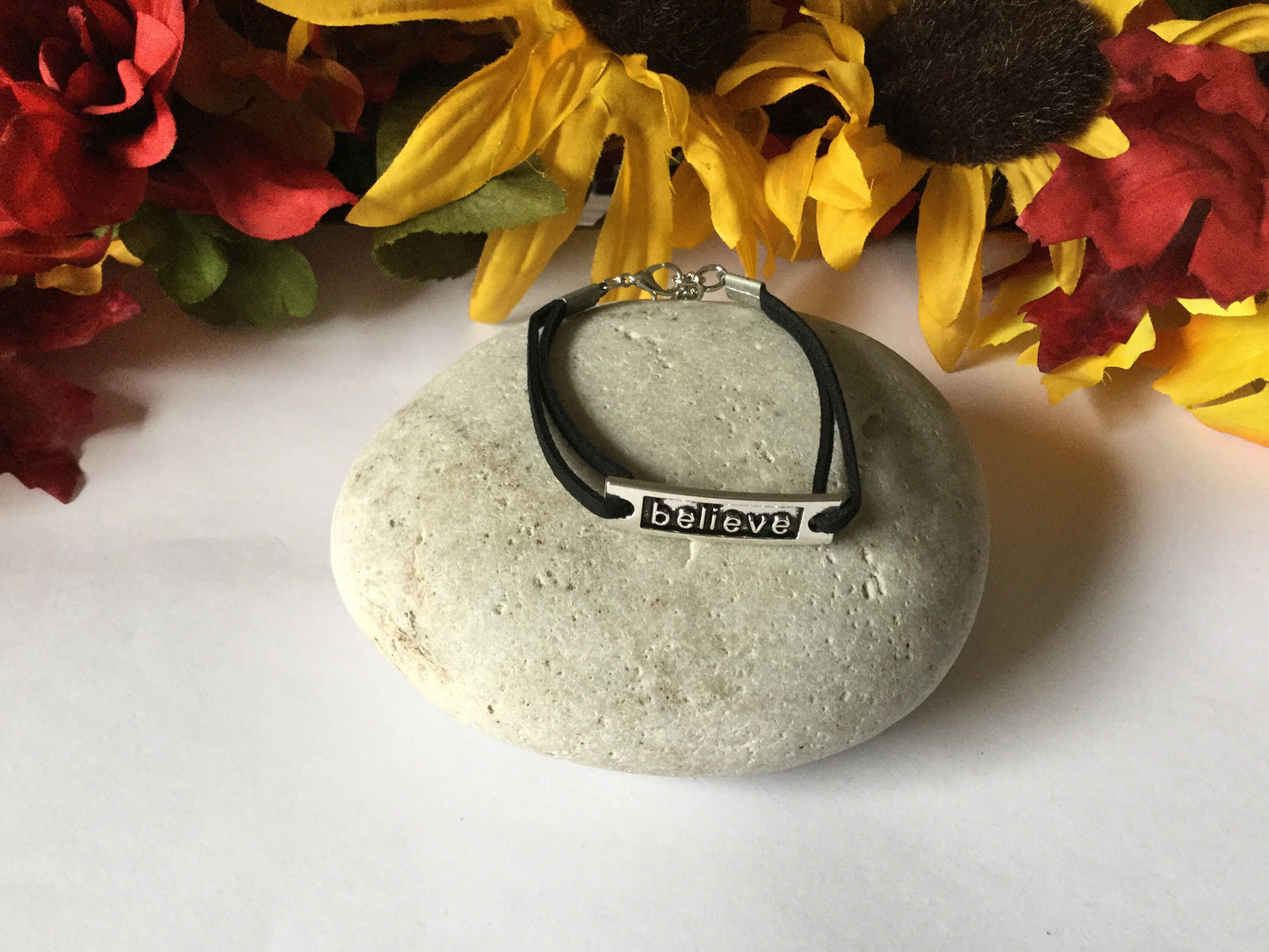 Believe,  Black Suede Corded Metal Inspirational Quoted Bracelet.