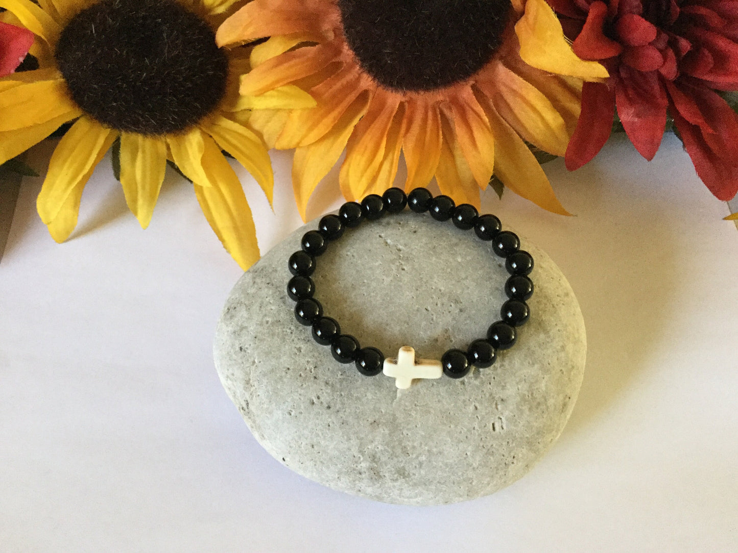 Jasper Black w/Reconstituted White Cross Stone, Healing Bracelet.