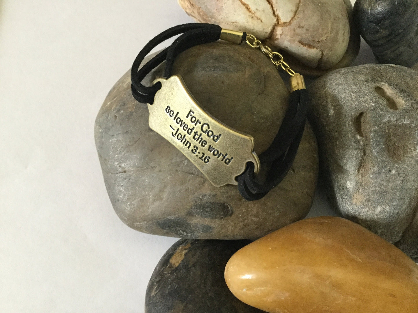 For God So Loved The World, Black Suede Metal Inspirational Bracelet.