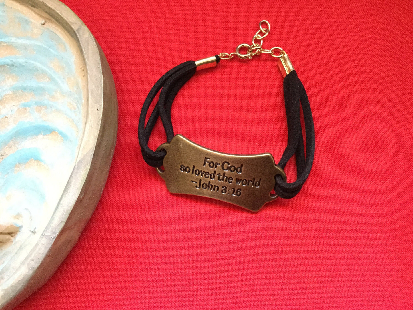 For God So Loved The World, Black Suede Metal Inspirational Bracelet.