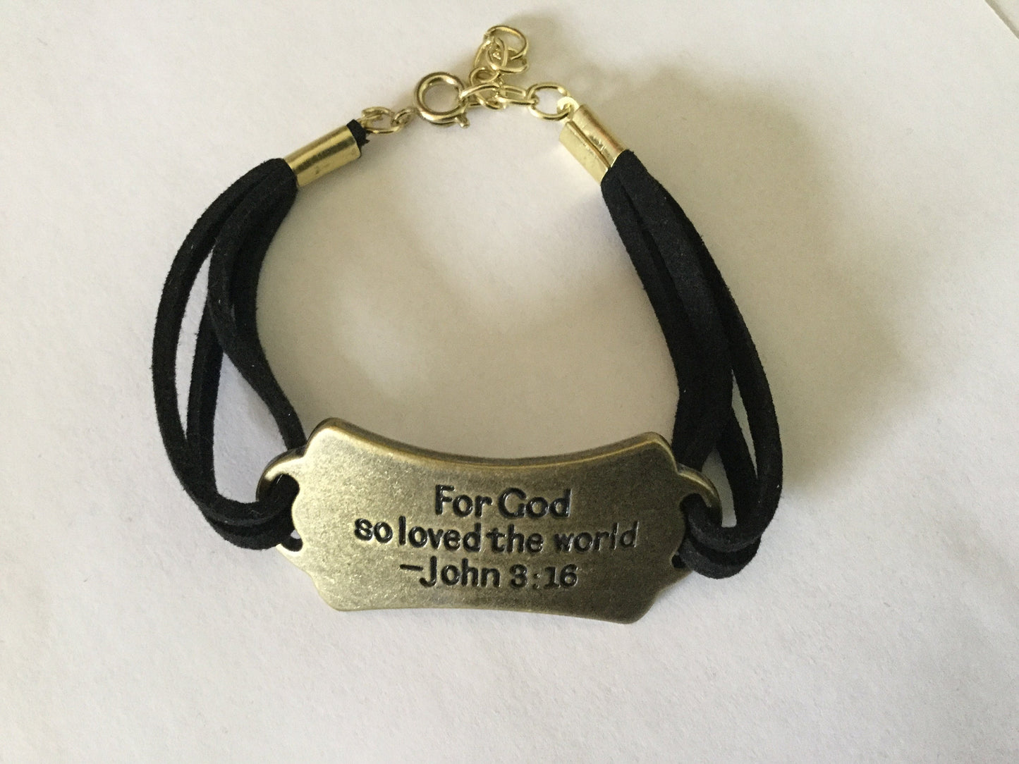 For God So Loved The World, Black Suede Metal Inspirational Bracelet.