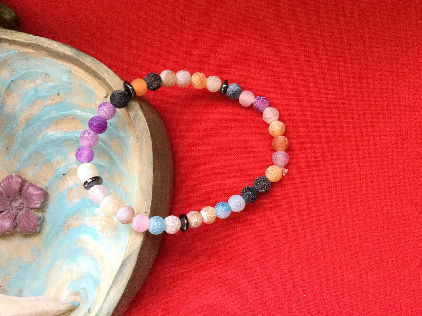 Agate Crackle Multi Colors w/Hematite Stones, Healing Bracelet.