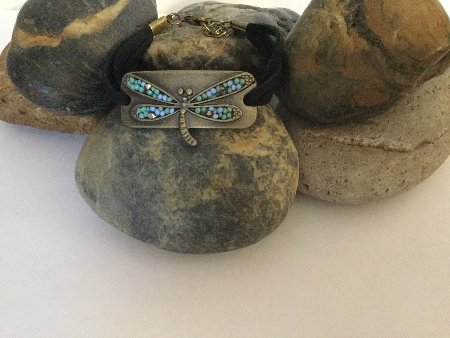 Dragonfly, Black Suede Metal Inspirational Bracelet.