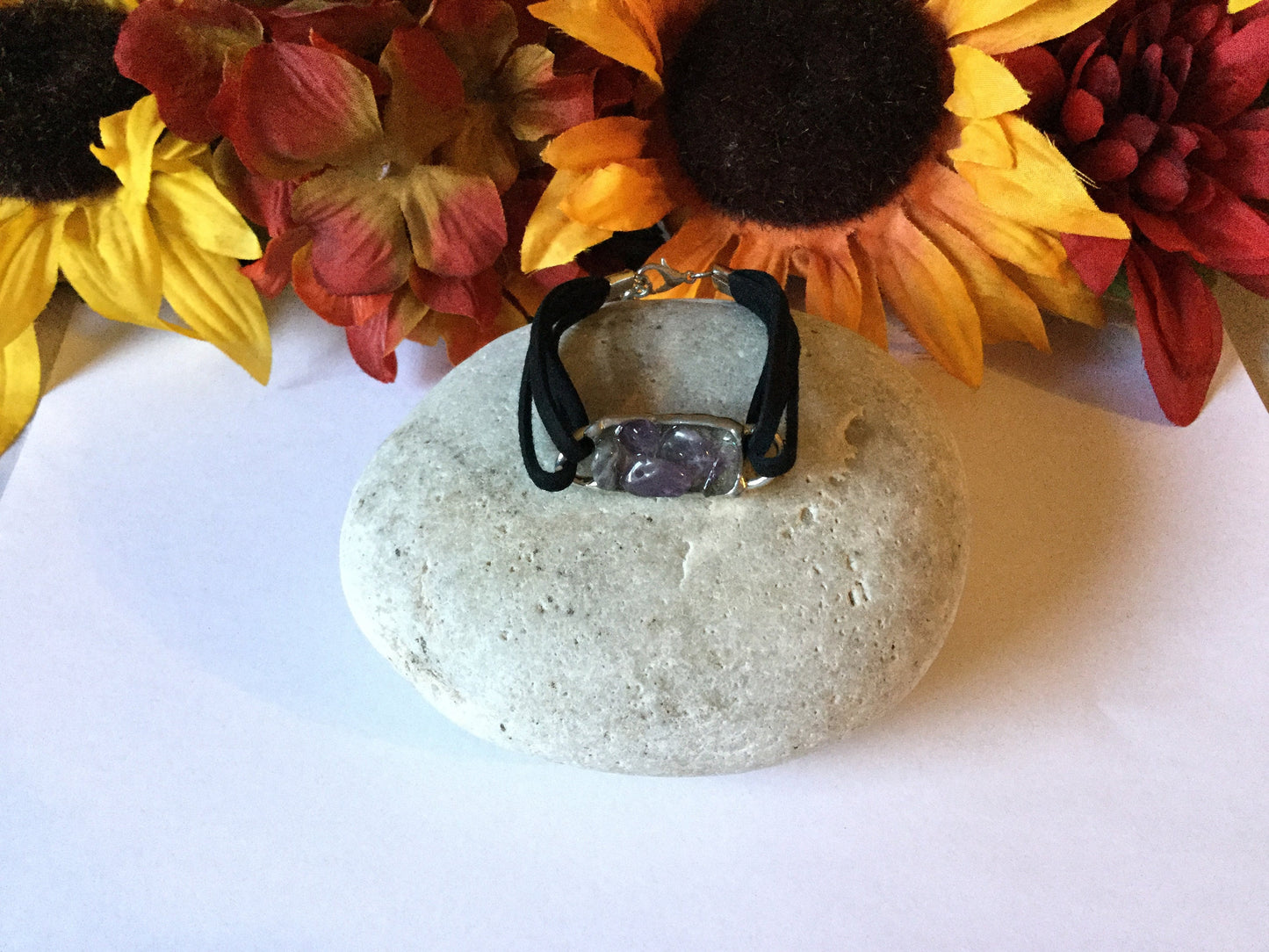 Amethyst , Antique Silver Plated,Black Suede Inspirational Bracelet.