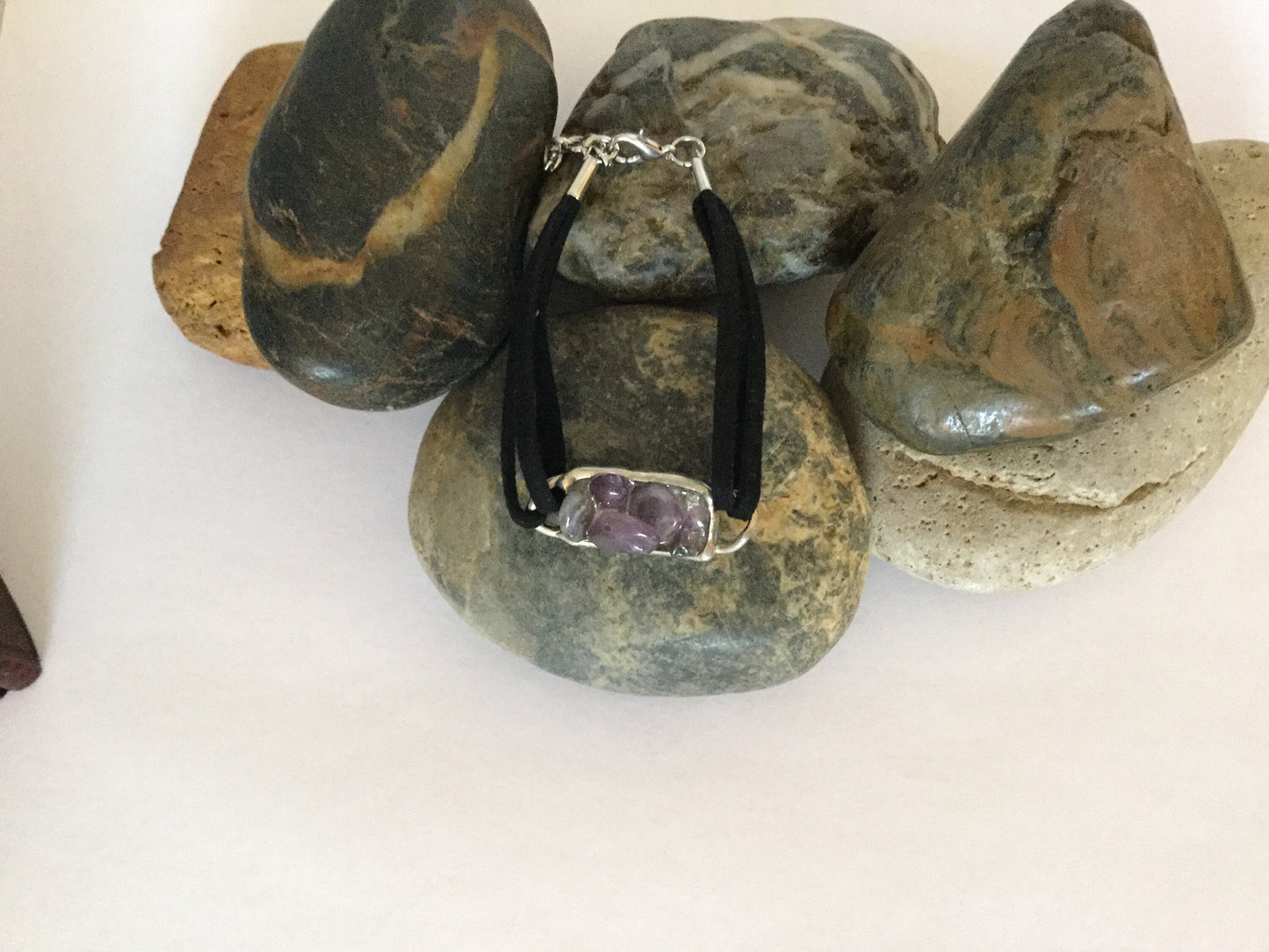 Amethyst , Antique Silver Plated,Black Suede Inspirational Bracelet.