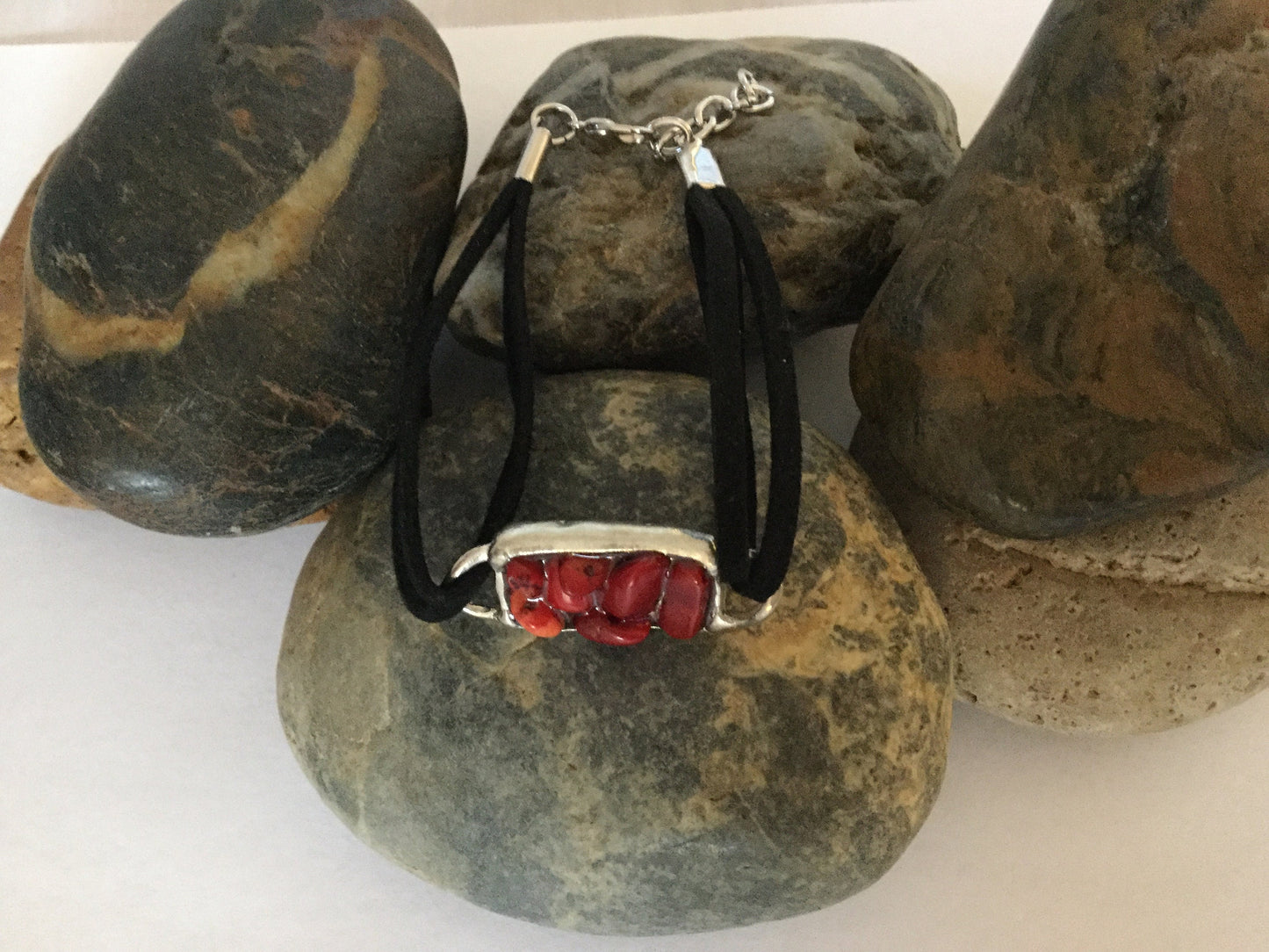 Red Bamboo Coral, Antique Silver Plated,Black Suede Inspirational Bracelet.