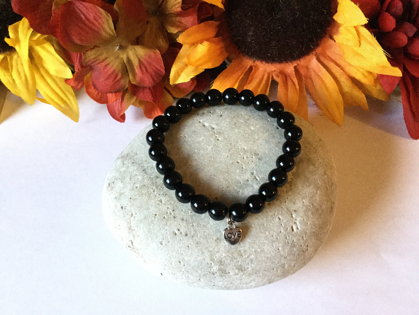 Jasper Black w/Heart “Love” Healing Bracelet.