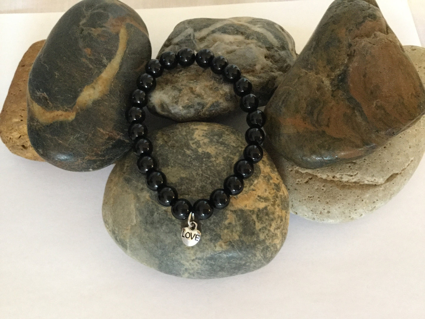 Jasper Black w/Heart “Love” Healing Bracelet.