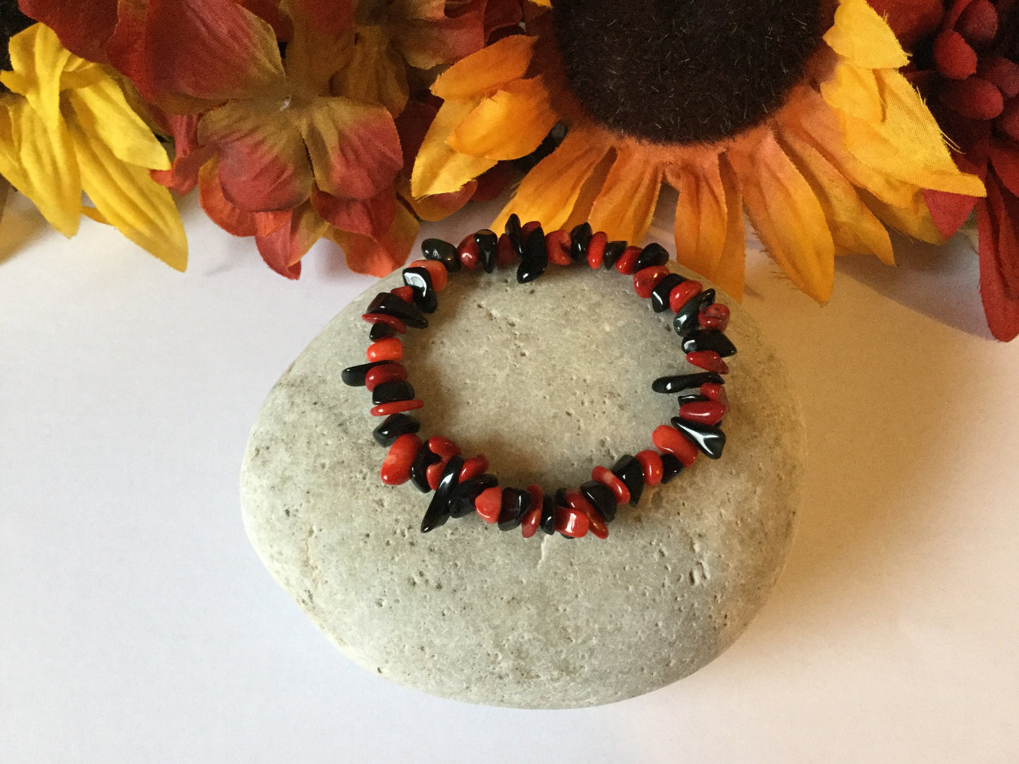 Red Bamboo Coral w/Obsidian, Healing Bracelet.