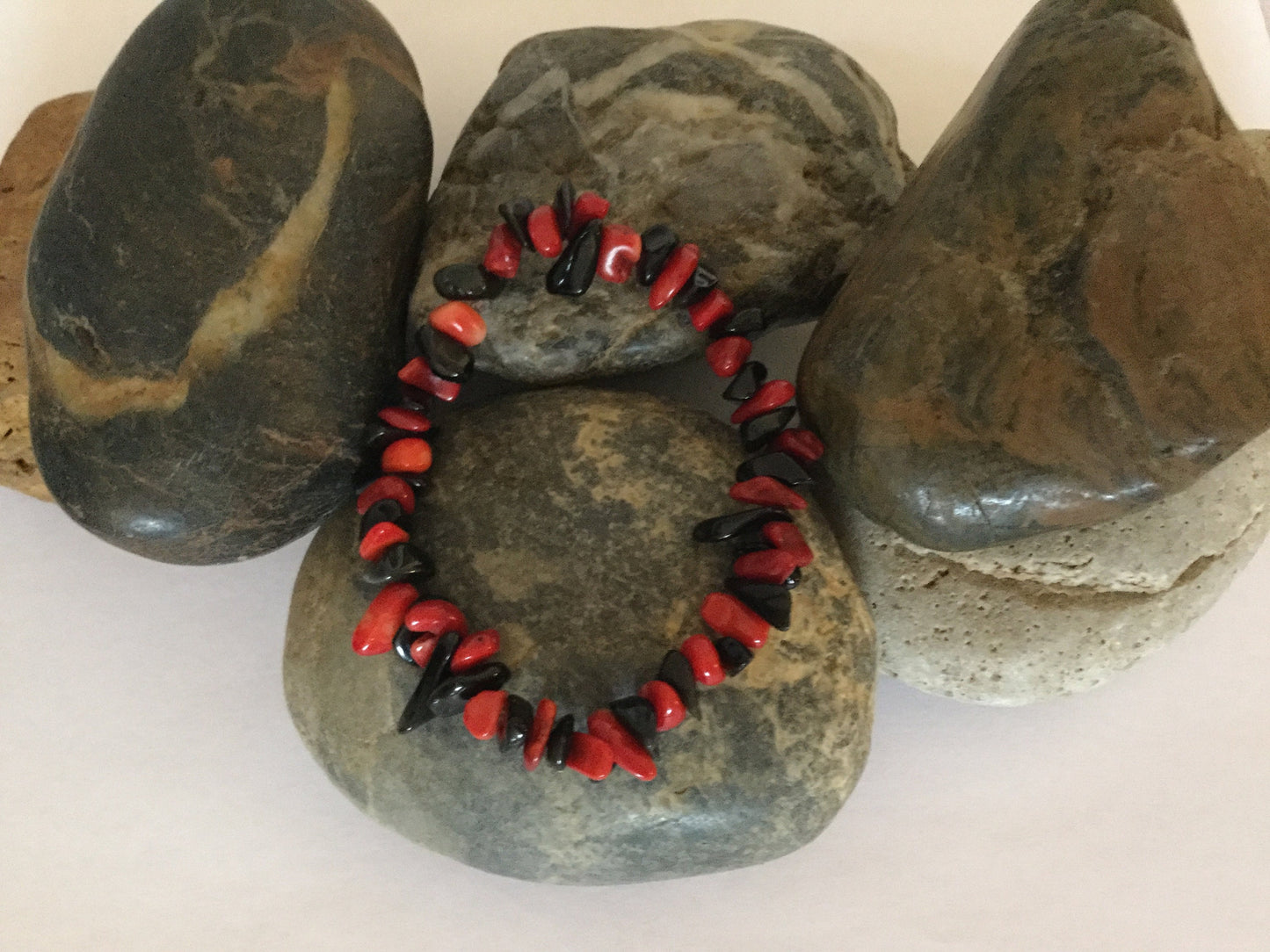 Red Bamboo Coral w/Obsidian, Healing Bracelet.