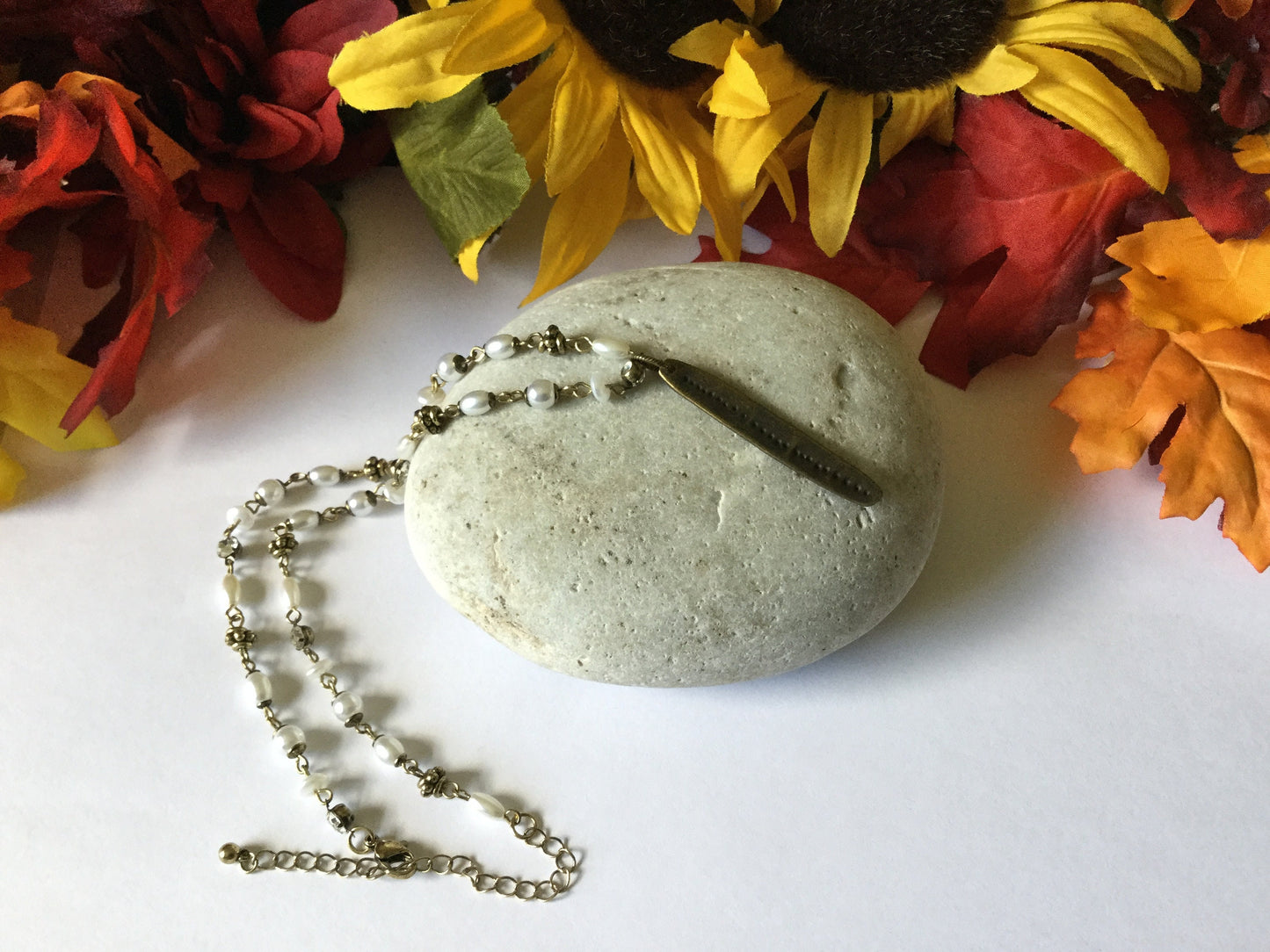 Leaf w/Clear Stones & White Beads, Antique Metal Necklace.