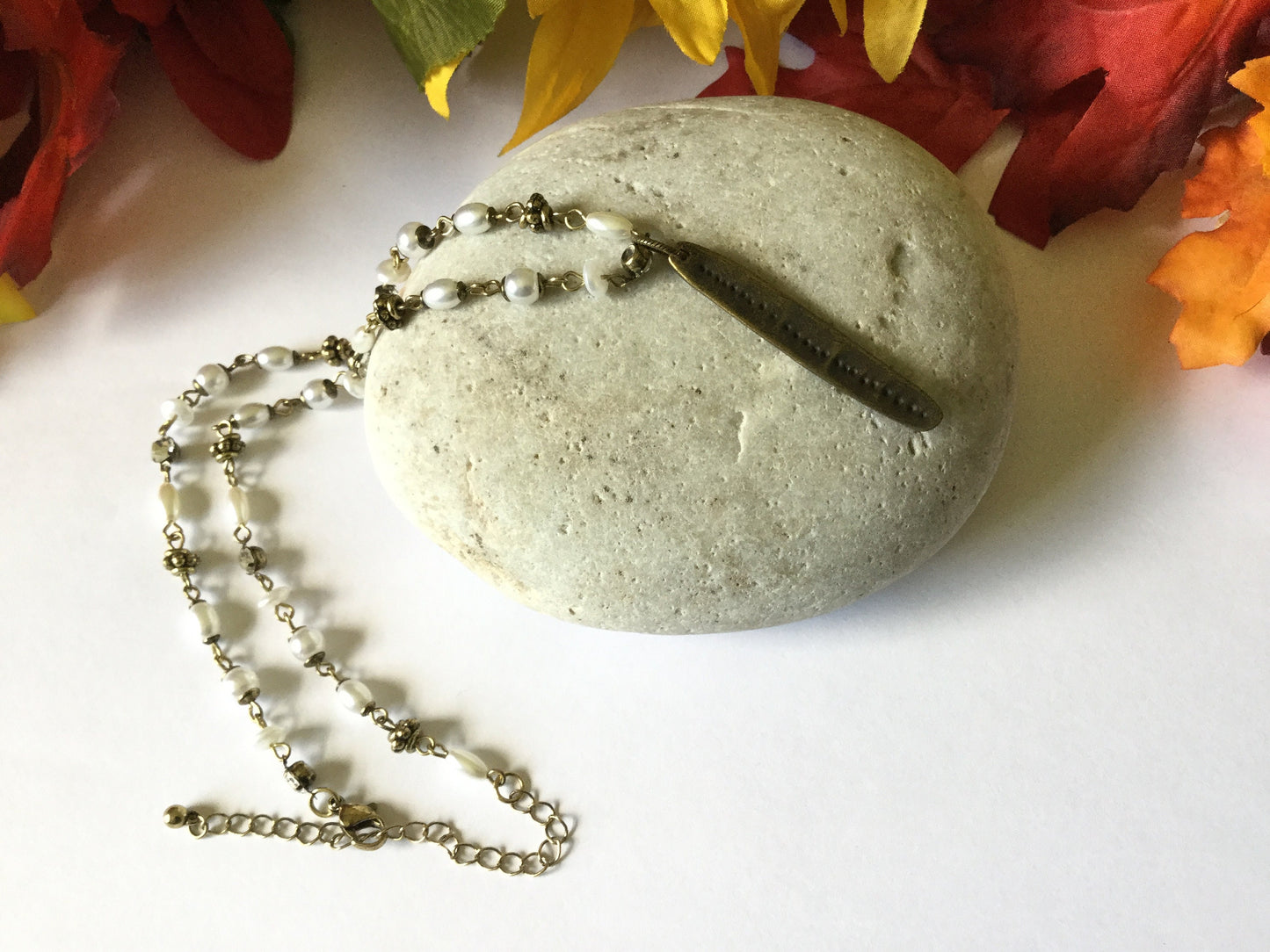 Leaf w/Clear Stones & White Beads, Antique Metal Necklace.