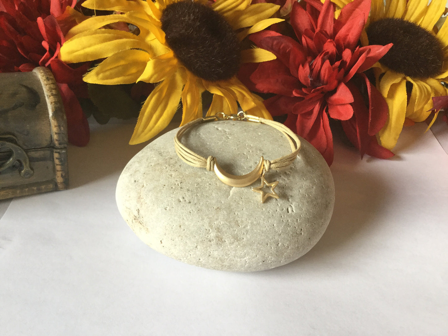 Moon & Star, Beige Hemp,  Gold Metal Inspirational Bracelet.