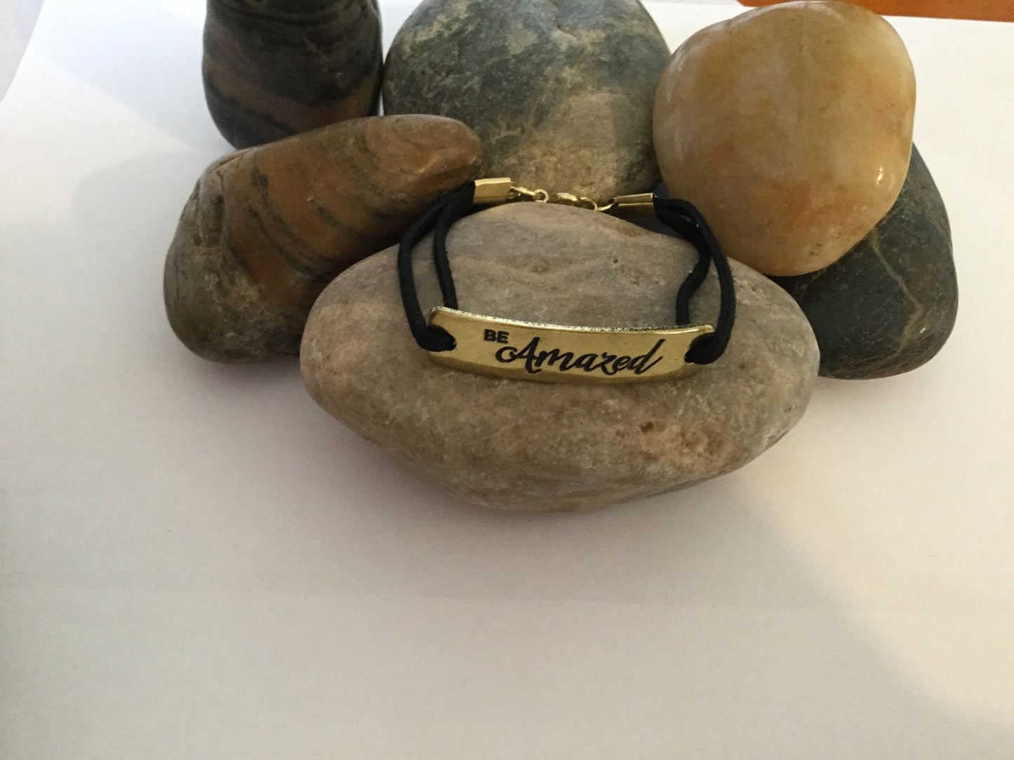 Be Amazed, Black Suede Gold Metal Inspirational Charm Bracelet.