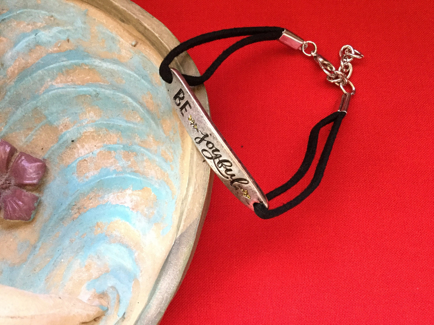 Be Joyful, Black Suede Inspirational Quoted Bracelet.