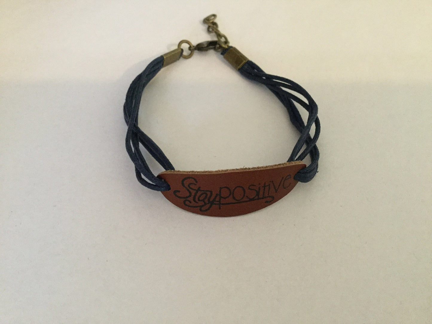 Stay Positive, Leather, Blue Hemp Corded Inspirational Bracelet