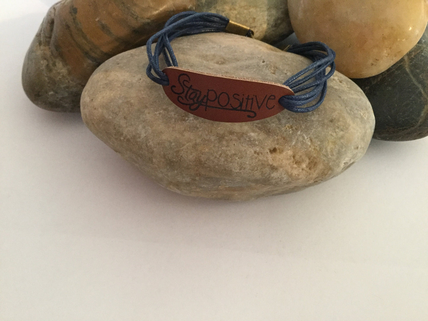 Stay Positive, Leather, Blue Hemp Corded Inspirational Bracelet