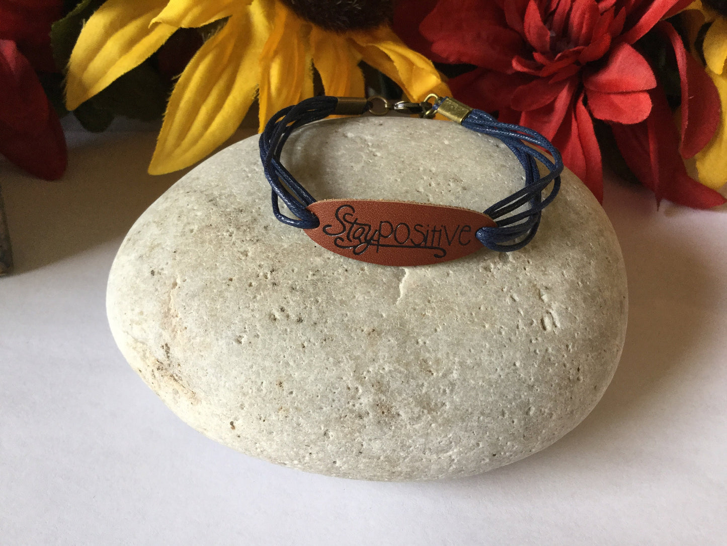 Stay Positive, Leather, Blue Hemp Corded Inspirational Bracelet