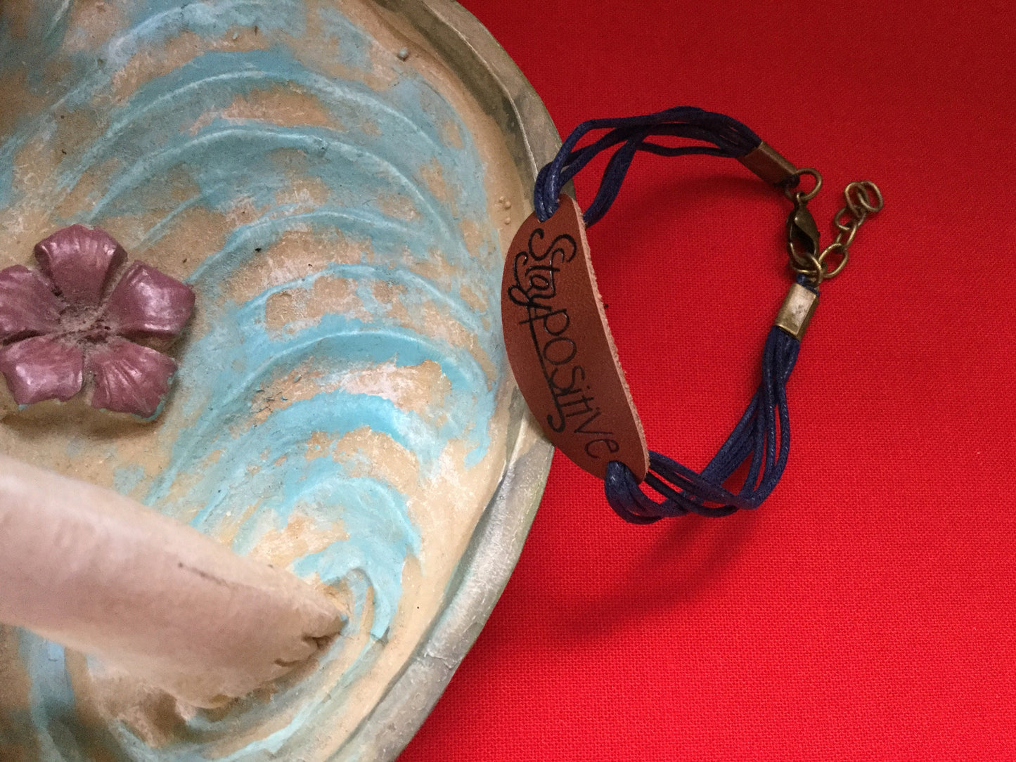 Stay Positive, Leather, Blue Hemp Corded Inspirational Bracelet