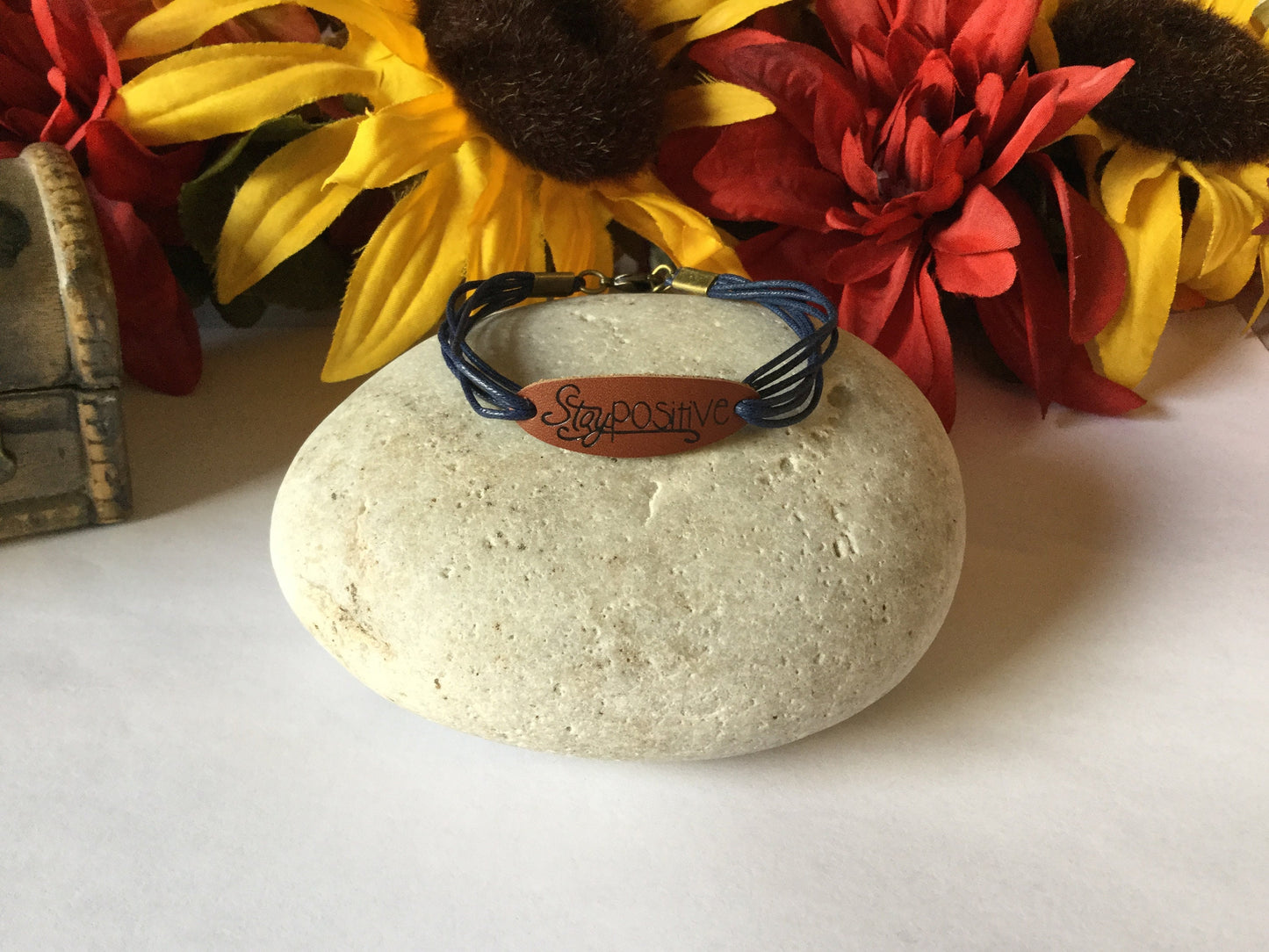 Stay Positive, Leather, Blue Hemp Corded Inspirational Bracelet