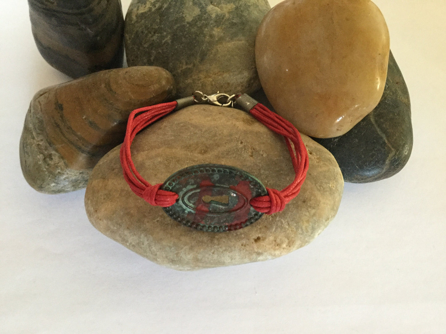 Keyhole, Antique Plated w/Red Hemp Corded Inspirational Bracelet