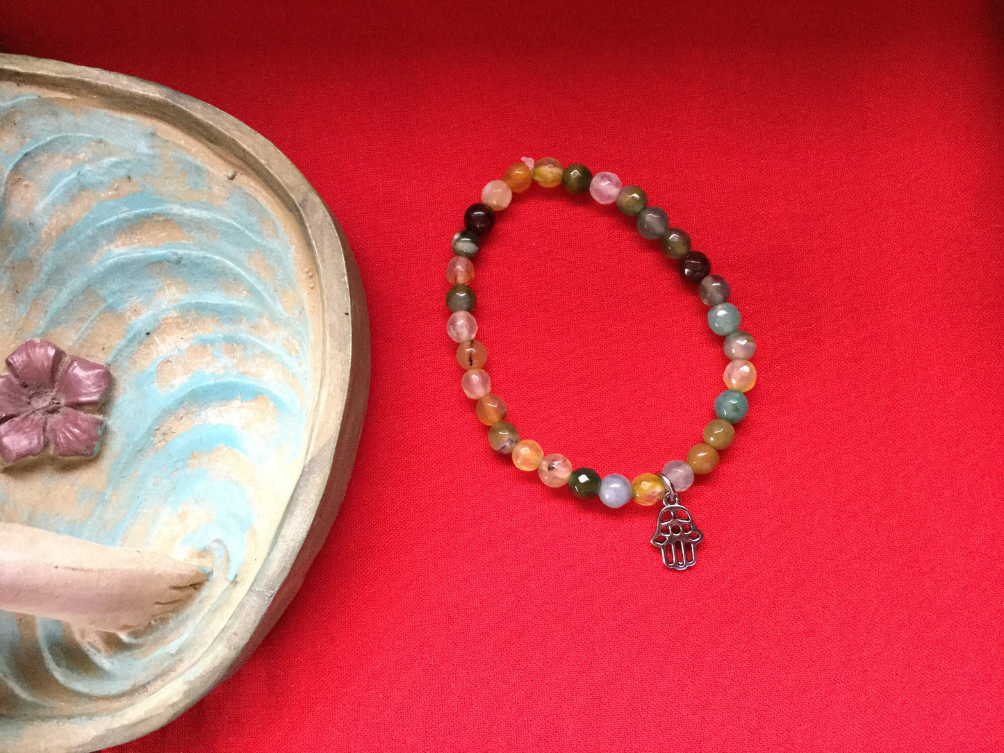 Agate, Color Stones w/Hamsa Hand  Healing Bracelet.