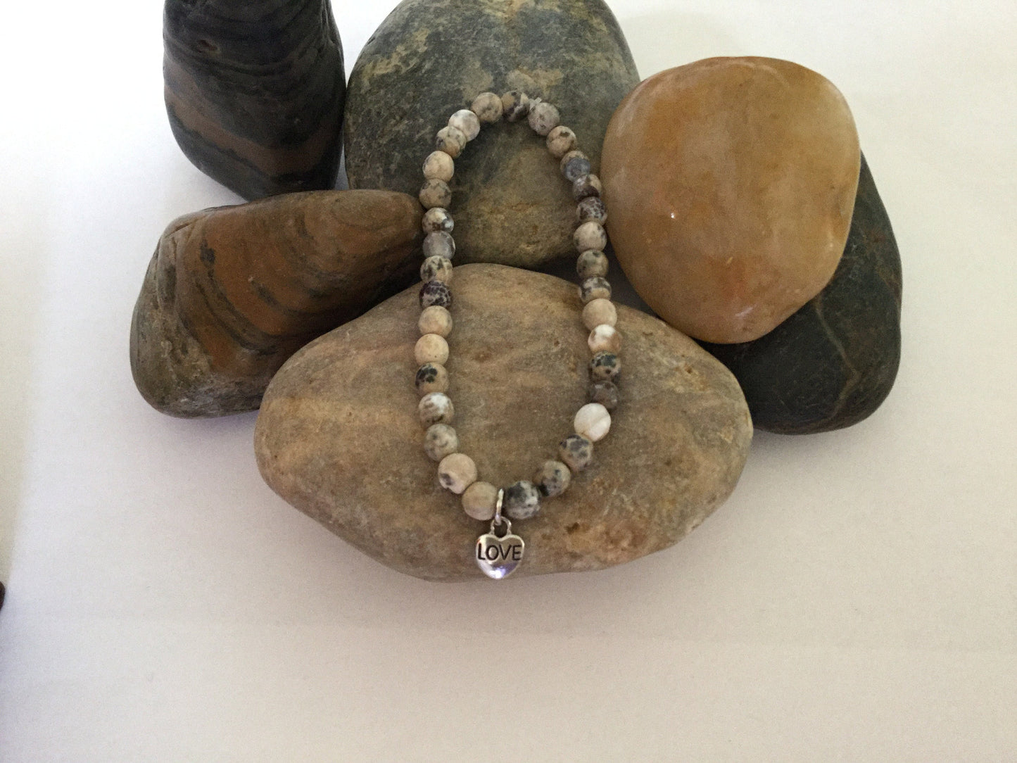 Agate, Beige & Grey Stones w/Heart Healing Bracelet.