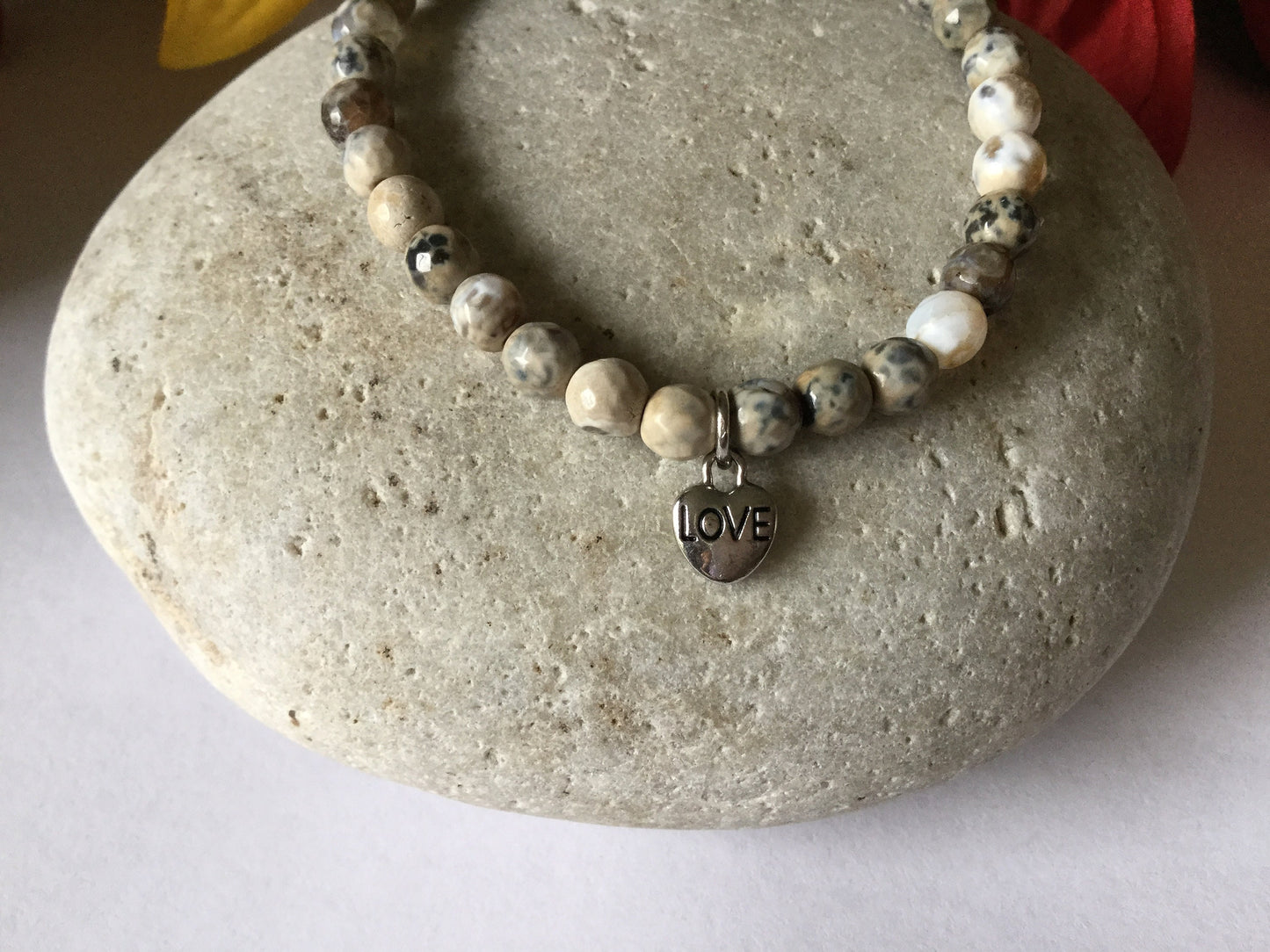 Agate, Beige & Grey Stones w/Heart Healing Bracelet.