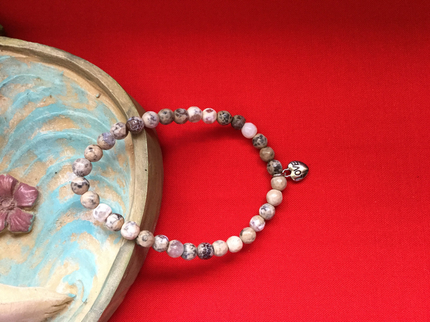 Agate, Beige & Grey Stones w/Heart Healing Bracelet.