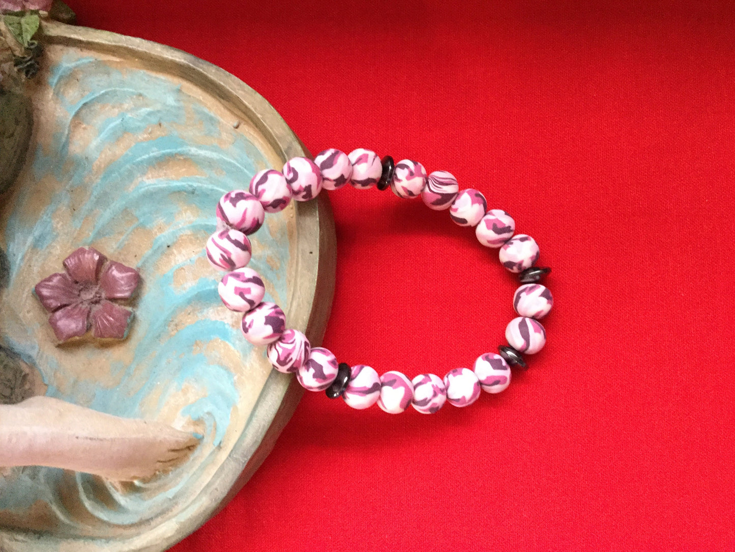 Clay, Pink Camouflage w/Hematite Stones Healing Bracelet.