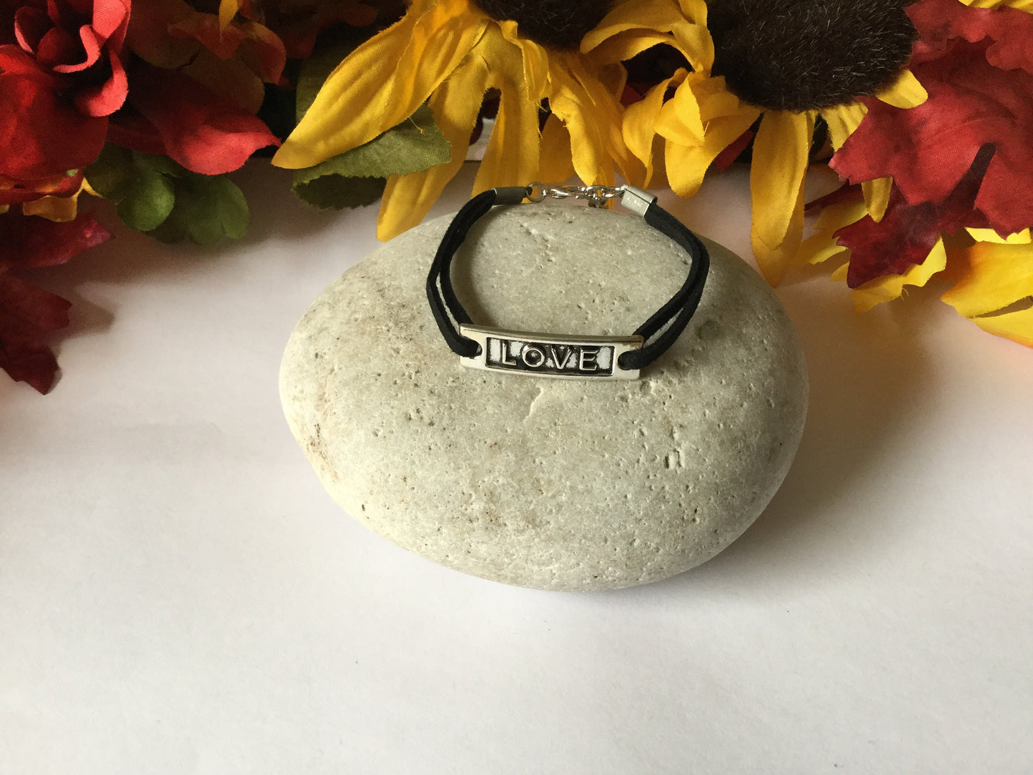 Love, Black Suede Corded Metal Inspirational Quoted Bracelet.