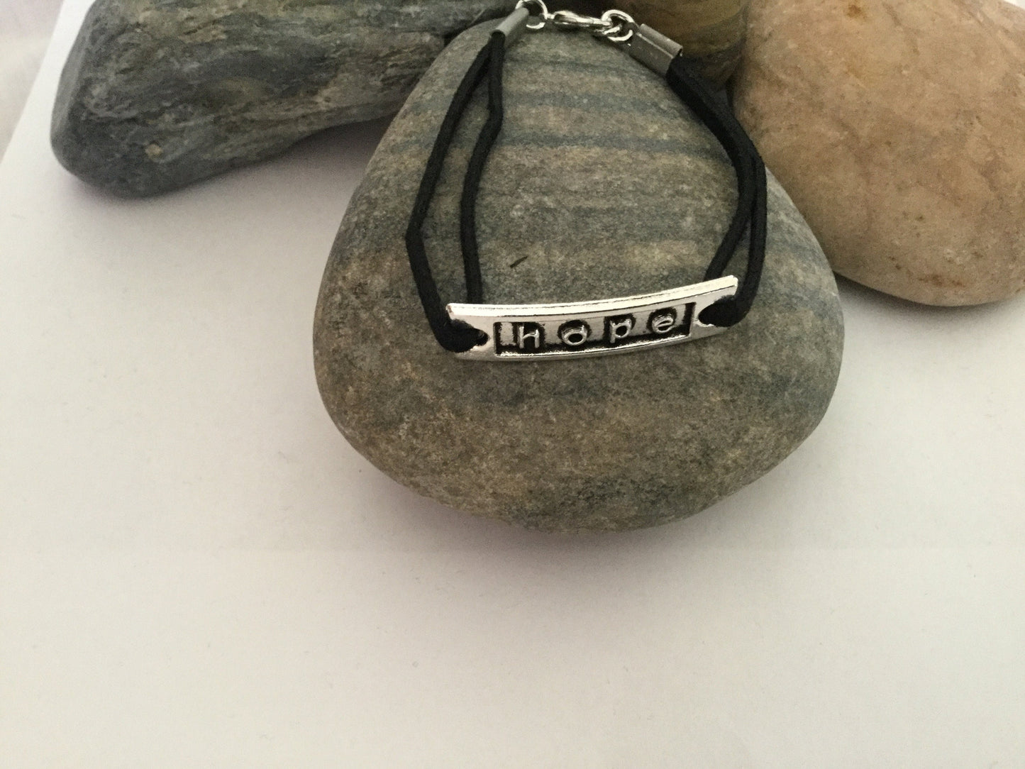 Hope, Black Suede Corded Metal Inspirational Quoted Bracelet.