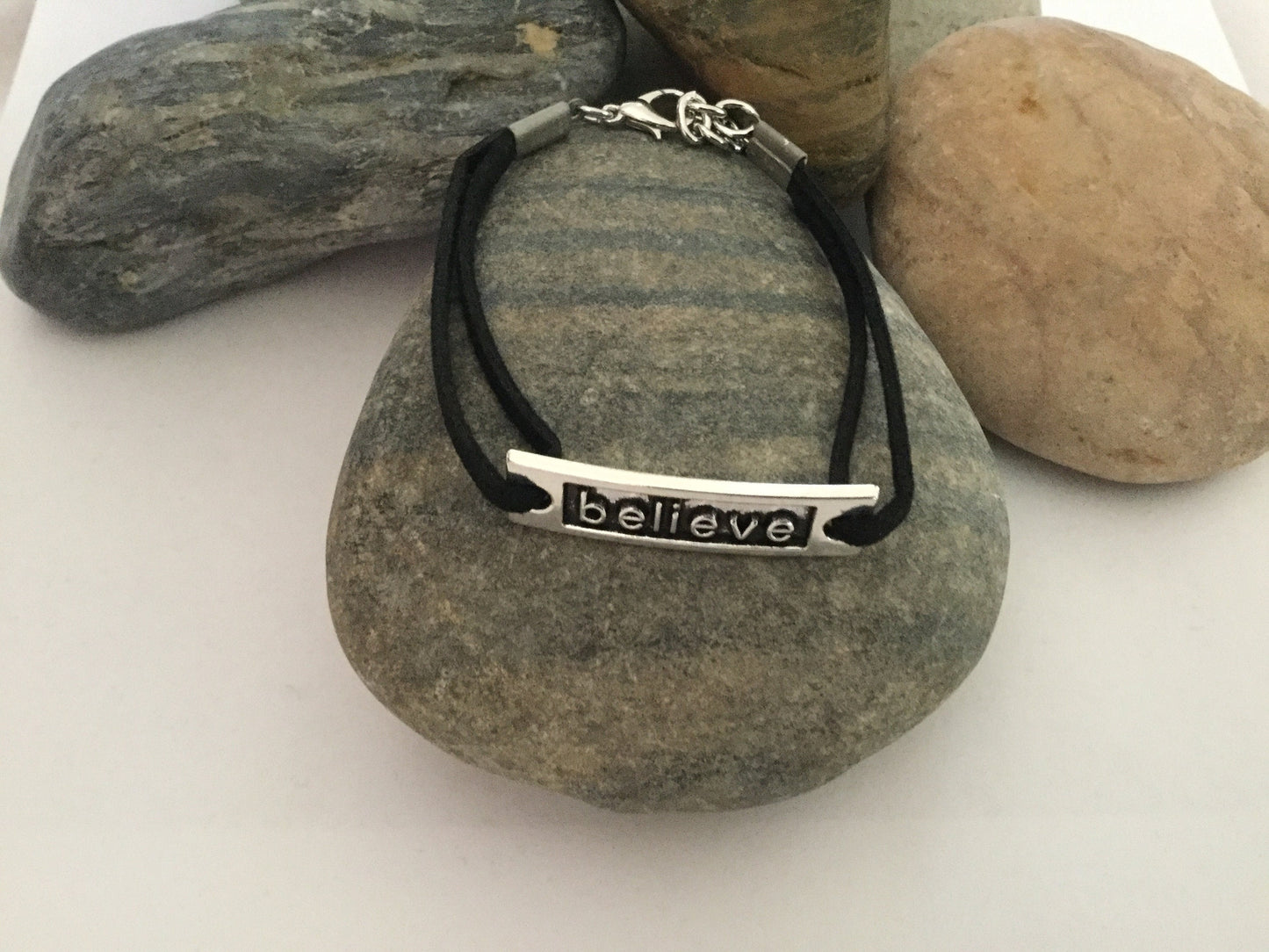 Believe,  Black Suede Corded Metal Inspirational Quoted Bracelet.