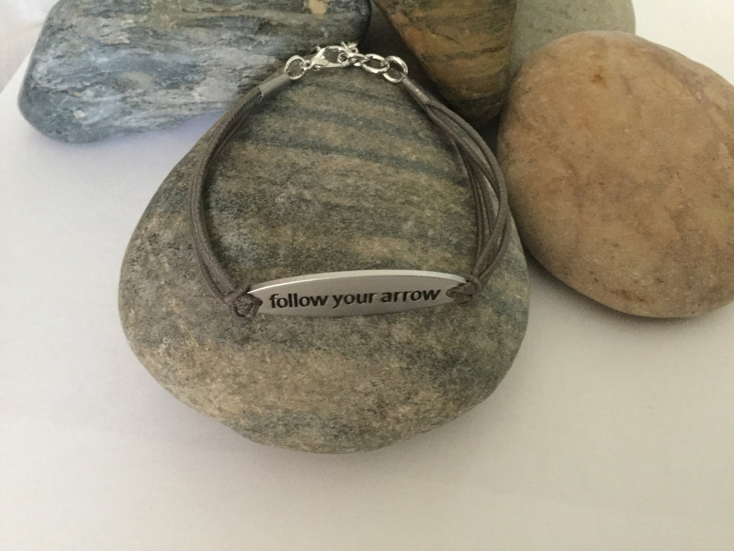 Follow Your Arrow, Silver Metal Inspirational Quoted Bracelet.