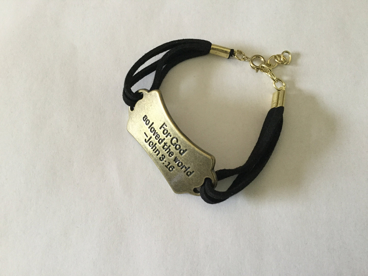 For God So Loved The World, Black Suede Metal Inspirational Bracelet.