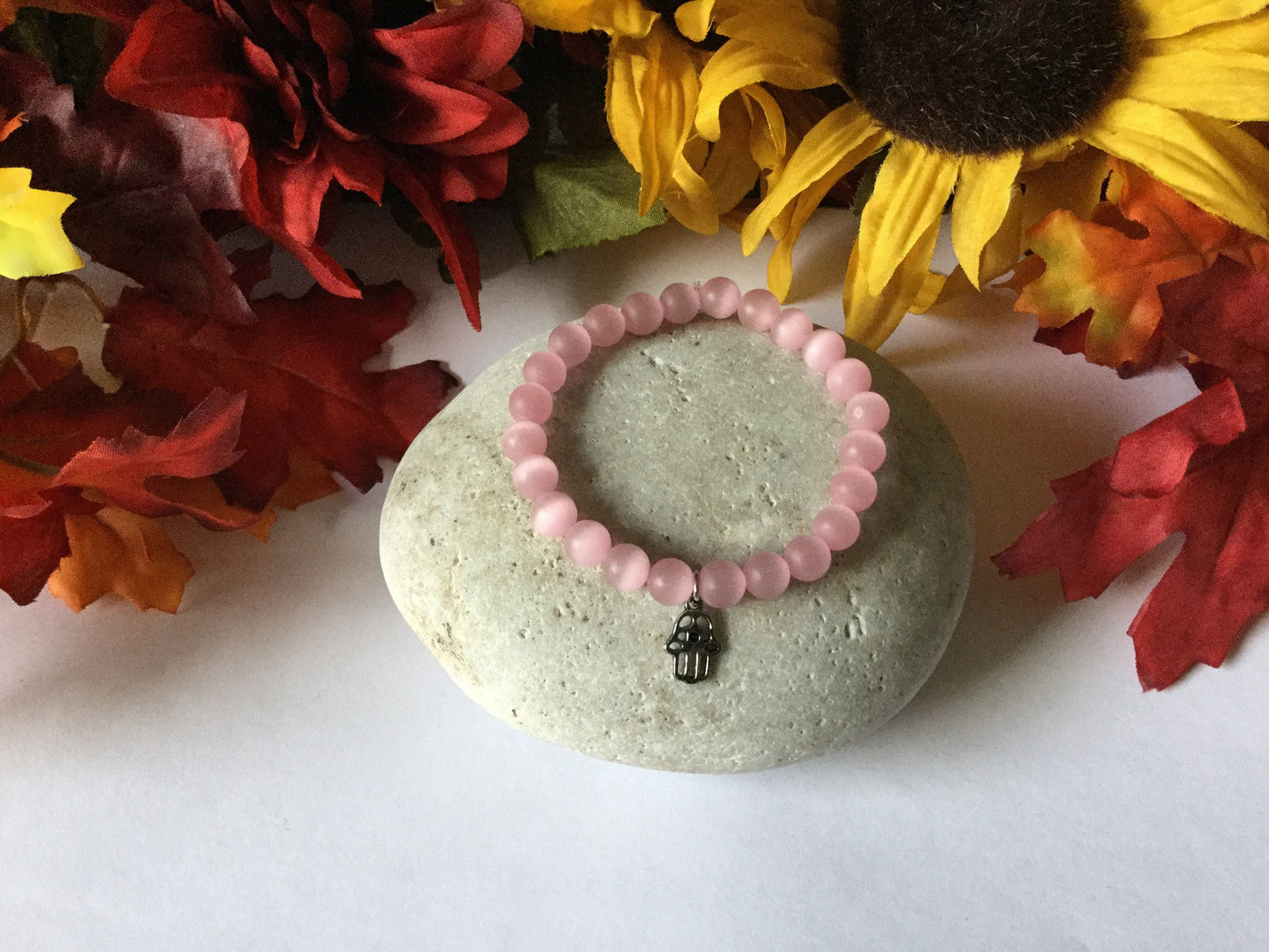 Pink Cats Eye, w/Hamsa Hand Healing Bracelet.
