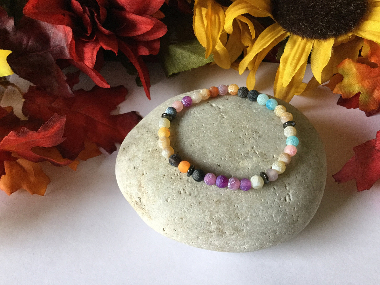 Agate Crackle Multi Colors w/Hematite Stones, Healing Bracelet.