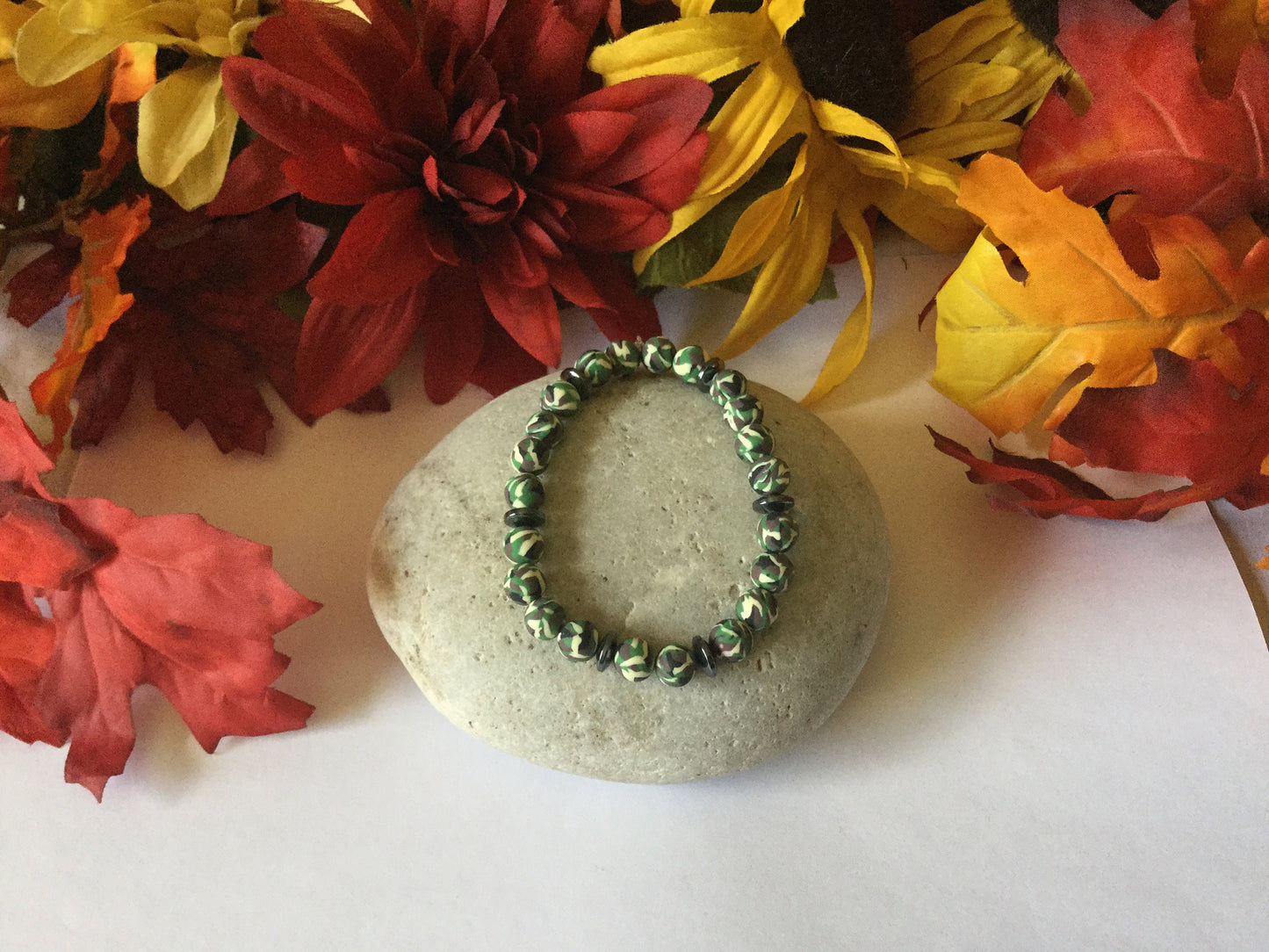 Clay, Green Camouflage w/Hematite Stones, Healing Bracelet.