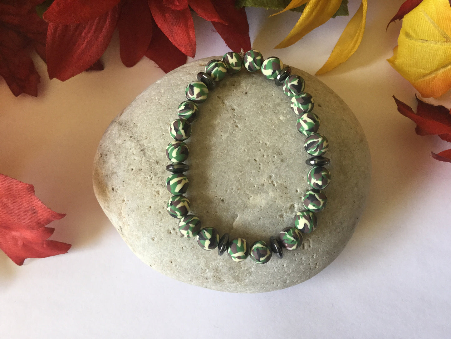 Clay, Green Camouflage w/Hematite Stones, Healing Bracelet.