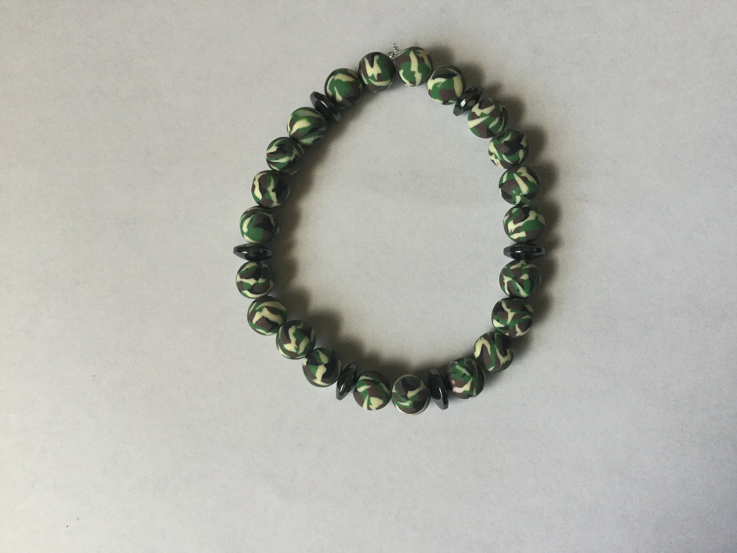 Clay, Green Camouflage w/Hematite Stones, Healing Bracelet.