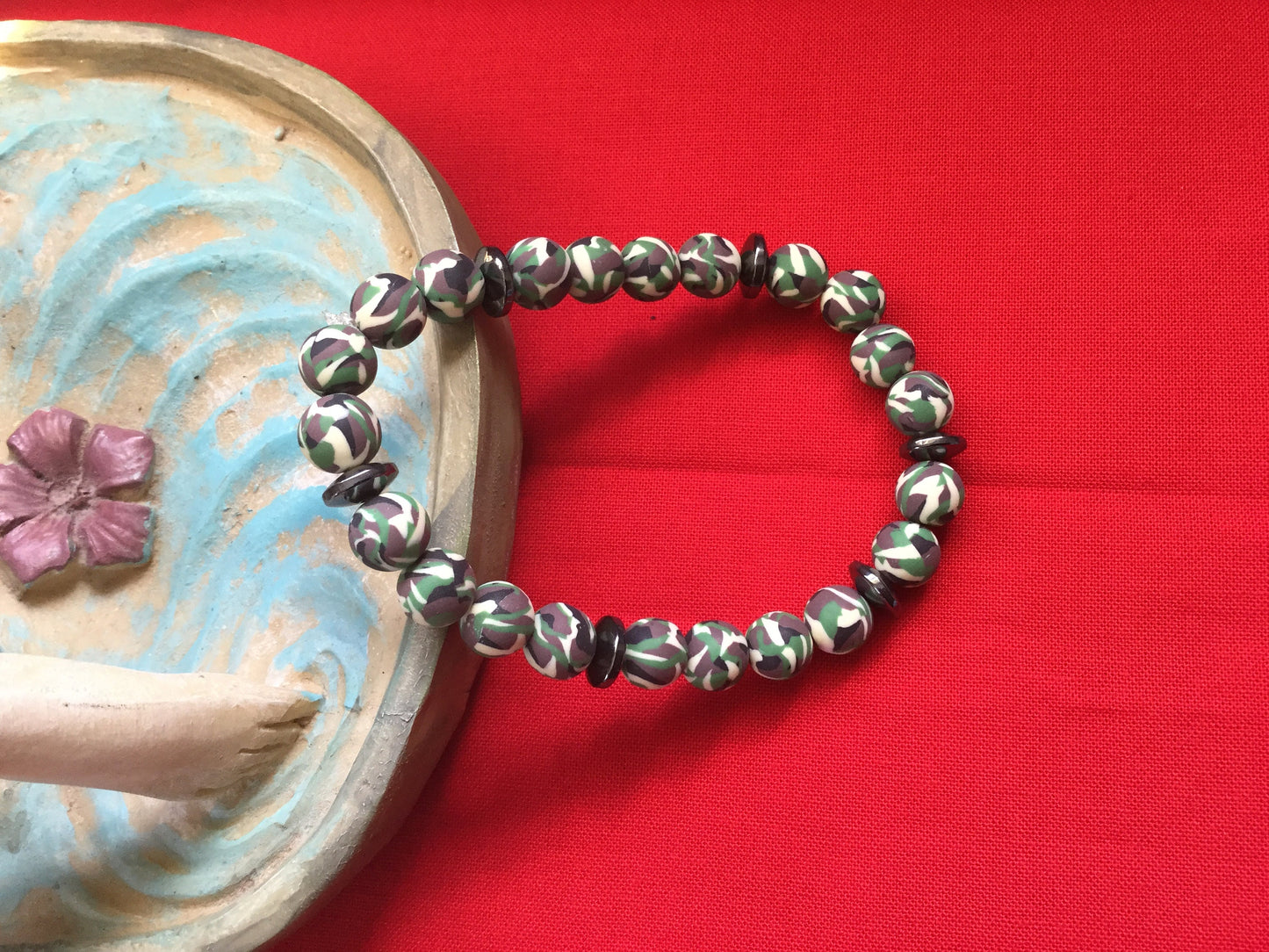 Clay, Green Camouflage w/Hematite Stones, Healing Bracelet.