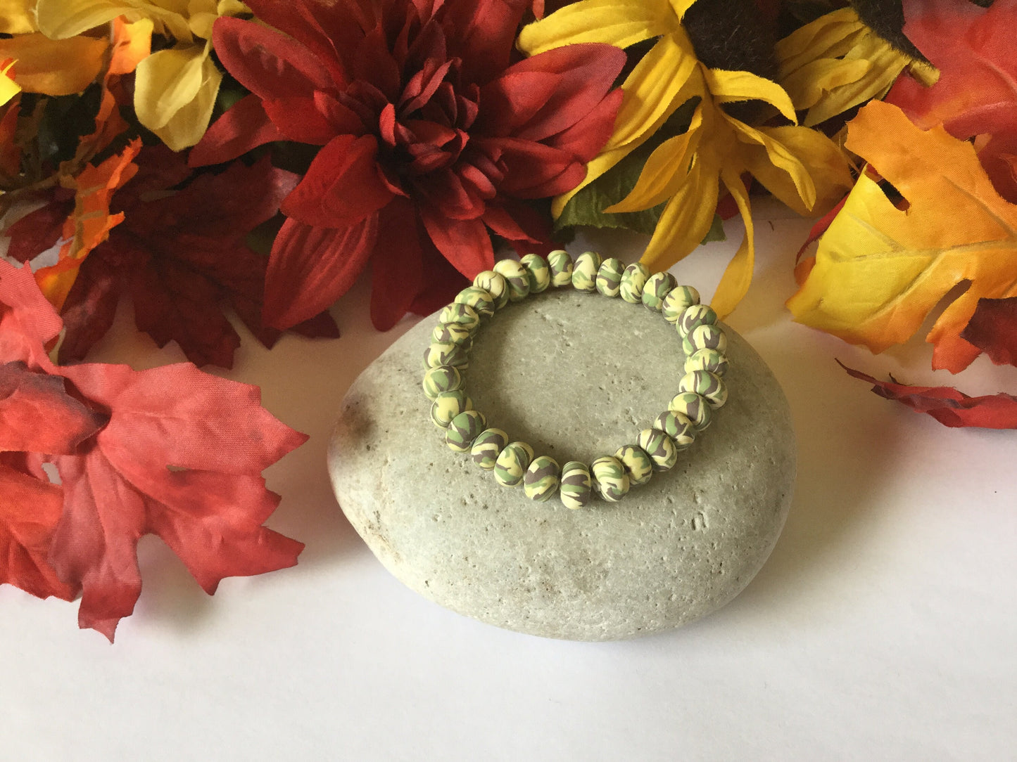 Clay, Light Green Camouflage Rondelle, Healing Bracelet.