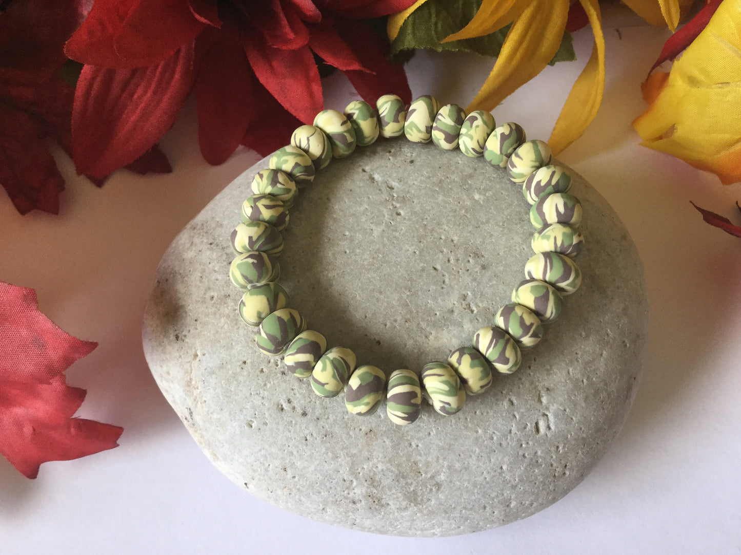 Clay, Light Green Camouflage Rondelle, Healing Bracelet.