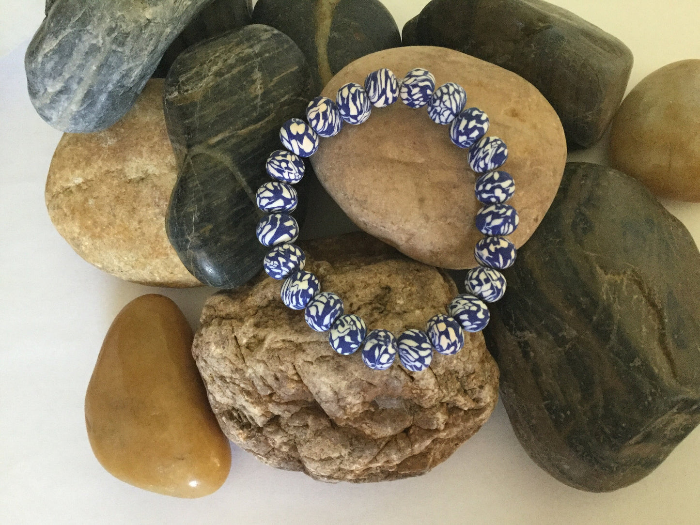 Clay, Blue & White Camouflage Rondelle, Healing Bracelet.