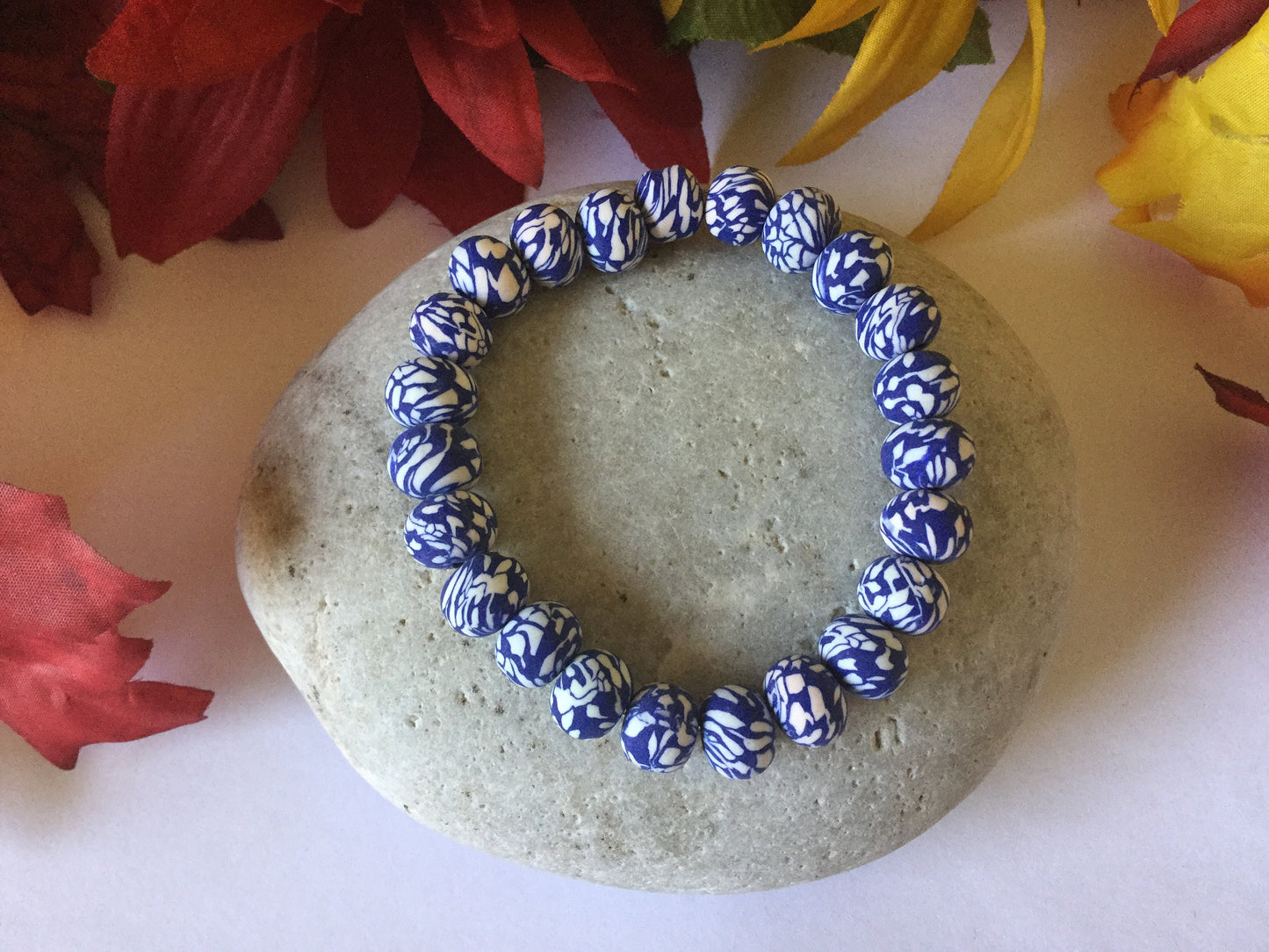 Clay, Blue & White Camouflage Rondelle, Healing Bracelet.